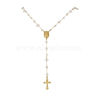 Rosary Bead Necklaces, Natural White Moonstone Link Chain Necklaces for Women, Alloy Cross with Jesus Pendant Necklaces, Golden, 26.77 inch(68cm)(NJEW-JN04883)