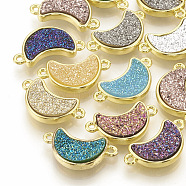Druzy Resin Links connectors, with Golden Tone Brass Findings, Moon, Mixed Color, 18.5x10x4mm, Hole: 1mm(X-RESI-T019-09)