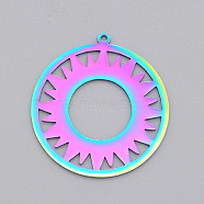 Ion Plating(IP) 201 Stainless Steel Solar Eclipse Pendants, Laser Cut, Ring with Sun, Rainbow Color, 33x30.5x1mm, Hole: 1.4mm(STAS-S105-LA496)