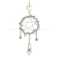 Wire Wrapped Natural Aquamarine Chips & Brass Ring Pendant Decoration, with Glass Cone Charm, for Home Hanging Decoration, Moon & Star, 310~312mm, Hole: 8mm(HJEW-TA00083-01)