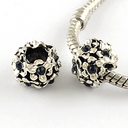 Antique Silver Plated Alloy Rhinestone Flower Large Hole European Beads, Jet, 11x8mm, Hole: 5mm(X-MPDL-R041-04F)