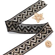 10 Yards Polyester Embroidery Lace Ribbon with Paillette, Garment Accessories, Black, 2 inch(50mm)(PW-WG94215-02)