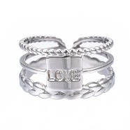 304 Stainless Steel Rectangle with Word Love Open Cuff Ring, Chunky Hollow Ring for Women, Stainless Steel Color, US Size 6 1/4(16.7mm)(RJEW-T023-39P)