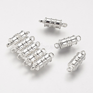 Brass Magnetic Clasps with Loops, Nickel Free, Column, Silver Color Plated, 17x6mm, Hole: 2mm(KK-MC026-S-NF)