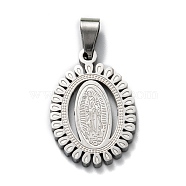 304 Stainless Steel Lady of Guadalupe Pendants, Oval with Virgin Mary, Stainless Steel Color, 32x17.2x2mm, Hole: 4X6mm(STAS-F223-21P-C)