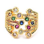 Brass Micro Pave Cubic Zirconia Finger Rings, Wide Band Rings, Long-Lasting Plated, Real 18K Gold Plated, Colorful, US Size 6(16.5mm)(RJEW-F116-09B-G)