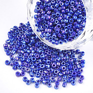 Opaque Glass Seed Beads, Rainbow Plated, Round, Blue, 3mm, Hole: 1mm, about 10000pcs/bag(SEED-S023-01B-08)