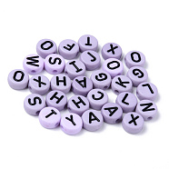 Opaque Acrylic Beads, Horizontal Hole, Flat Round with Black Random Letters, Lavender, 10x4.5mm, Hole: 2mm, about 1600pcs/500g(MACR-S273-50C)