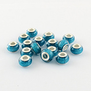 Large Hole Resin European Beads, with Silver Color Plated Brass Double Cores, Rondelle, Dark Turquoise, 14x9mm, Hole: 5mm(OPDL-R118-01B)