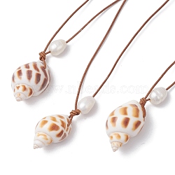 Summer Beach Natural Cultured Freshwater Pearl & Natural Shell Pendant Necklaces, Cowhide Leather Cord Necklaces, Chocolate, 28.35~29.53 inch(72~75cm), Pendant: 26~30x16~19mm(NJEW-JN05100-01)