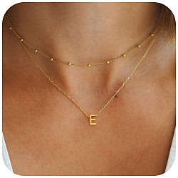 Bohemian Style Stainless Steel Double Layer Initial Pendant Necklaces, Golden, Letter E, 15.75~19.69 inch(40~50cm)(FS-WGDC616-05)