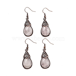 Natural Rose Quartz Teardrop Dangle Earrings, Red Copper Plated Brass Earrings for Women, 48x15mm(EJEW-B055-01R-20)