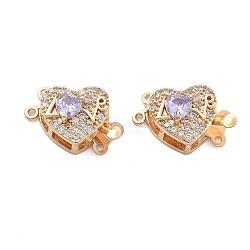 Brass Micro Pave Cubic Zirconia Box Clasps, with Glass, Heart, 2-Strand, 4-Hole, Real 18K Gold Plated, Lilac, 14x20x9mm, Hole: 1.2~1.4mm(KK-B125-07G-02)