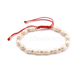 Adjustable Nylon Thread Braided Beads Bracelets, with Natural Cultured Freshwater Pearl Beads and Brass Beads, Real 18K Gold Plated, Red, Inner Diameter: 5.5~9cm(2-1/8~3-1/2 inch)(BJEW-JB05382-01)