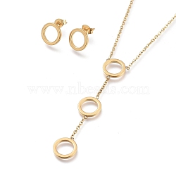 Round Ring 304 Stainless Steel Jewelry Sets, Cable Chains Pendant Necklaces and Stud Earrings, with Ear Nuts and Lobster Claw Clasps, Golden, 19.96 inch(50.7cm), 10.5mm, Pin: 0.7mm(SJEW-M097-22G)