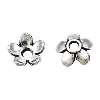 Tibetan Style Alloy Bead Caps, Cadmium Free & Nickel Free & Lead Free, 5-Petal, Flower, Antique Silver, 6.5x3mm, Hole: 1mm, about 6660pcs/1000g