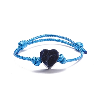 Natural Sodalite Heart Braided Cord Bracelet, Adjustable Friendship Bracelet for Women, Inner Diameter: 2-1/8~3 inch(5.4~7.6cm) 