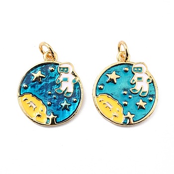Brass Enamel Pendants, with Jump Ring, Long-Lasting Plated, Real 18K Gold Plated, Flat Round with Astronaut & Star & Moon, Dark Turquoise, 19x16x1.5mm, Jump Ring: 5x0.8mm, 3.4mm Inner Diameter
