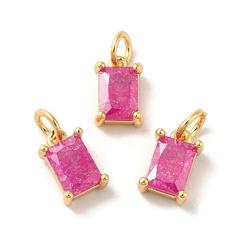 Real 18K Gold Plated Brass Micro Pave Cubic Zirconia Pendants, with Jump Rings, Rectangle, Hot Pink, 10x6x4mm, Hole: 3mm