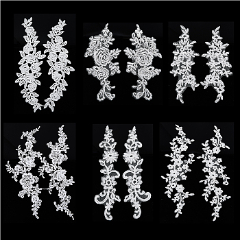 12Pcs 6 Style Flower Polyester Embroidery Sew on Lace Appliques, Sewing Craft Decoration for Wedding Dress, Cheongsam, White, 245~340x80~125x1mm, 2pcs/style