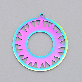 Ion Plating(IP) 201 Stainless Steel Solar Eclipse Pendants, Laser Cut, Ring with Sun, Rainbow Color, 33x30.5x1mm, Hole: 1.4mm
