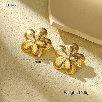 304 Stainless Steel Micro Pave Clear Cubic Zirconia Stud Earrings, for Women, Flower, Golden, 29x30mm