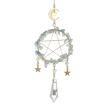 Wire Wrapped Natural Aquamarine Chips & Brass Ring Pendant Decoration, with Glass Cone Charm, for Home Hanging Decoration, Moon & Star, 310~312mm, Hole: 8mm