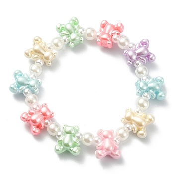 Cute Acrylic Bear & ABS Plastic Pearl Beaded Stretch Kids Bracelets, Colorful, Inner Diameter: 1-3/4 inch(4.4cm)