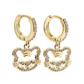 Tiger Chinese Zodiac Cubic Zirconia Dangle Hoop Earrings, Brass Drop Earrings for Women, Golden, 25.5x14mm, Pin: 0.6mm
