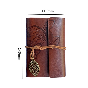 PU Leather Cover Binder Notebooks, Travel Journal, with String, Leaf Pendants & Kraft Paper, Rectangle, Coconut Brown, 145x110mm