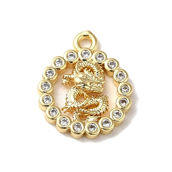 Brass Micro Pave Cubic Zirconia Pendants, Flat Round with Dragon, Real 18K Gold Plated, 15x12x2.5mm, Hole: 1.4mm
