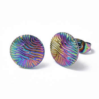 Ion Plating(IP) 304 Stainless Steel Textured Flat Round Stud Earrings for Women, Rainbow Color, 11mm, Pin: 0.7mm