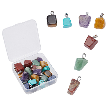 SUNNYCLUE 21 Pcs 7 Colors Red Rainbow Jasper & Topaz Jade & Tiger Eye & Green Aventurine & Blue Spot Stone & Amethyst & Turquoise Pendants, with Stainless Steel Snap On Bails, Nuggets, Stainless Steel Color, 15~35x10~20x5~15mm, Hole: 3x7.5mm