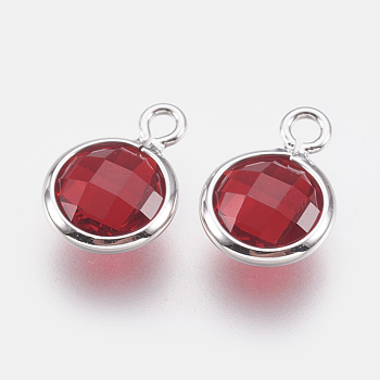 Long-Lasting Plated Brass Charms, with Glass, Real Platinum Plated, Nickel Free, Faceted, Flat Round, Crimson, 9x7x3mm, Hole: 1mm