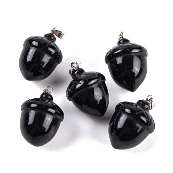 Natural Obsidian Pendants, Acorn Charms with 201 Stainless Steel Snap on Bails, Stainless Steel Color, 29~30x20mm, Hole: 6x3mm