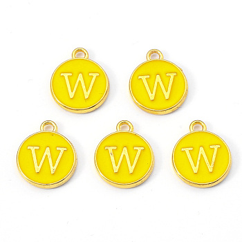 Golden Plated Alloy Enamel Charms, Enamelled Sequins, Flat Round with Letter, Gold, Letter.W, 14x12x2mm, Hole: 1.5mm