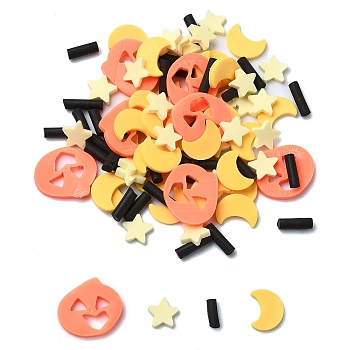 Halloween Handmade Polymer Clay Cabochons, Pumpkin/Star/Moon/Column, Mixed Color, 5.5~10x5.5~12x1mm, about 20000pcs/1000g