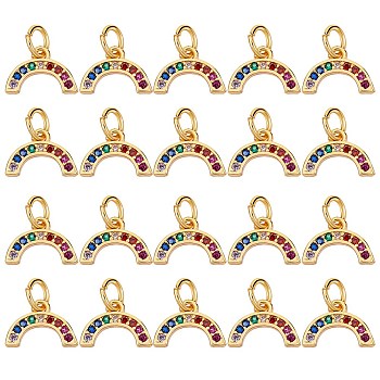 20Pcs Brass Micro Pave Colorful Cubic Zirconia Charms, with Jump Rings, Semicircle, Real 18K Gold Plated, 7.5x11x1.5mm, Hole: 3.5mm