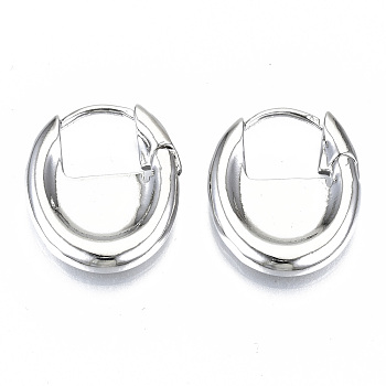 Brass Huggie Hoop Earrings, Oval, Nickel Free, Real Platinum Plated, 23x18.5x3mm, Pin: 1mm