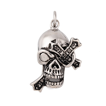 304 Stainless Steel Pendants, with Jump Ring, Skull with Cross Charm, Antique Silver, 30x23x16.5mm, Hole: 5.5mm
