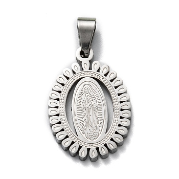 304 Stainless Steel Lady of Guadalupe Pendants, Oval with Virgin Mary, Stainless Steel Color, 32x17.2x2mm, Hole: 4X6mm