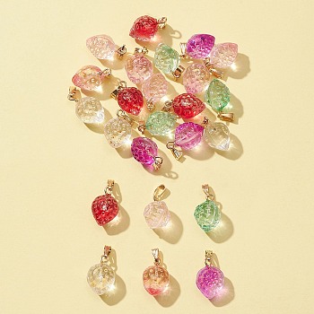 24Pcs 6 Style Transparent Spray Painted Glass Pendants, with Golden Plated Iron Bails and Gold Foil, Strawberry, Mixed Color, 17~18x11~12x10mm, Hole: 6x2mm, 4pcs/style