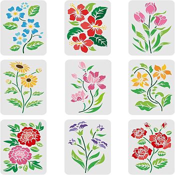 Plastic Reusable Drawing Painting Stencils Templates Sets, for Painting on Fabric Canvas Tiles Floor Furniture Wood, Flower Pattern, 29.7x21cm, 9pcs/set