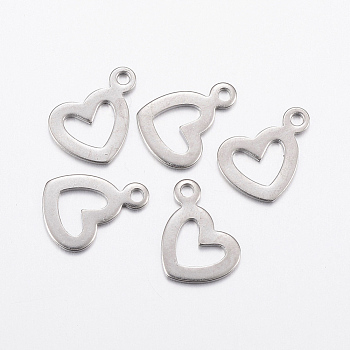 304 Stainless Steel Open Heart Charms, Stainless Steel Color, 14x12x1mm, Hole: 1.5mm