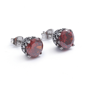 Retro 304 Stainless Steel Stud Earrings, with Cubic Zirconia and Ear Nuts, Crown, Red, Antique Silver, 8.5mm, Pin: 0.6mm