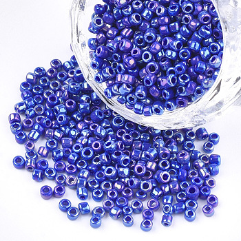 Opaque Glass Seed Beads, Rainbow Plated, Round, Blue, 3mm, Hole: 1mm, about 10000pcs/bag