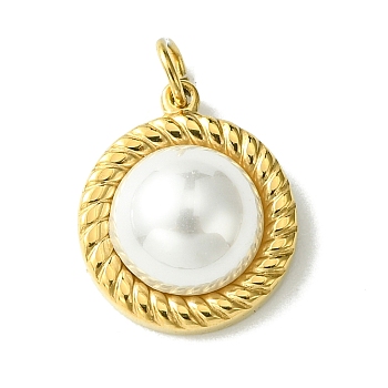 Ion Plating(IP) 304 Stainless Steel Pave Shell Pearl Half Round Charms with Jump Rings, Real 14K Gold Plated, 13.5x11.5x5.5mm, Hole: 2.8mm