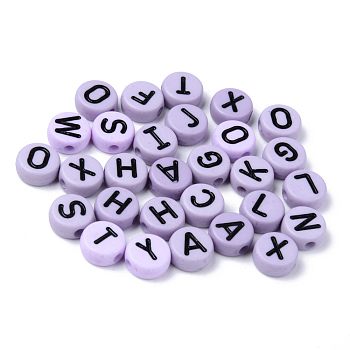 Opaque Acrylic Beads, Horizontal Hole, Flat Round with Black Random Letters, Lavender, 10x4.5mm, Hole: 2mm, about 1600pcs/500g