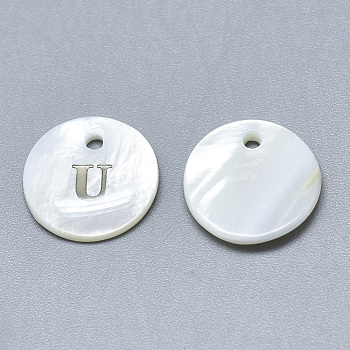 Natural White Shell Mother of Pearl Shell Charms, with Iron Sticker, Flat Round with Letter, Letter.U, 13x2mm, Hole: 1.5mm