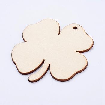 Undyed Wood Blank Tag Big Pendants, Clover, Antique White, 80x70x2.5mm, Hole: 3mm